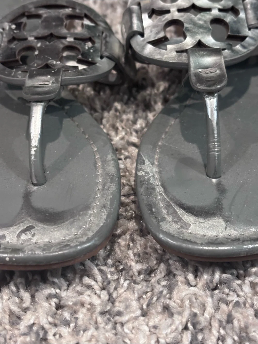 Tory Burch Silver Metallic Logo Thong Sandals